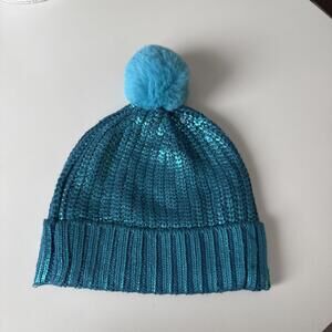 FRESHMANKids' Metallic Foil Beanie With Faux Fur Pompom In Aqua